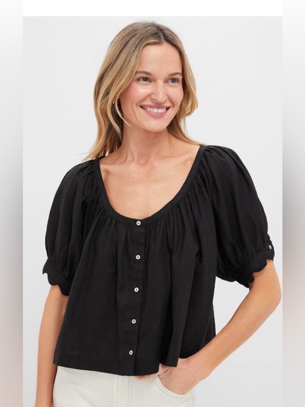 Tuckernuck Black Puff-Sleeve Button-Front Top